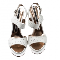 Baldinini White Crystal Embellished Leather Ankle Strap Platform Sandals Size 37
