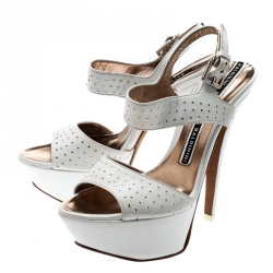 Baldinini White Crystal Embellished Leather Ankle Strap Platform Sandals Size 37