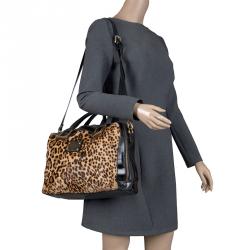 Baldinini Black Leopard Print Calfhair and Patent Leather Satchel