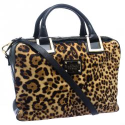 Baldinini Black Leopard Print Calfhair and Patent Leather Satchel