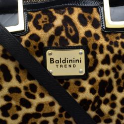 Baldinini Black Leopard Print Calfhair and Patent Leather Satchel