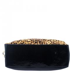 Baldinini Black Leopard Print Calfhair and Patent Leather Satchel