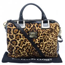 Baldinini Black Leopard Print Calfhair and Patent Leather Satchel