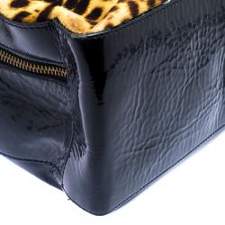 Baldinini Black Leopard Print Calfhair and Patent Leather Satchel