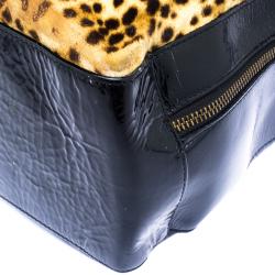 Baldinini Black Leopard Print Calfhair and Patent Leather Satchel