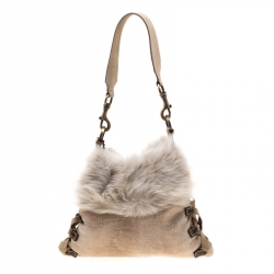 Baldinini Beige Fur and Croc Embossed Leather with Fur Lining Shoulder Bag