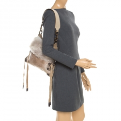 Baldinini Beige Fur and Croc Embossed Leather with Fur Lining Shoulder Bag