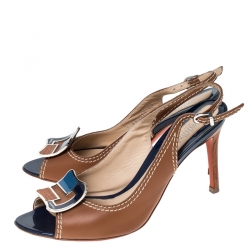 Baldinini Brown Leather Buckle Peep Toe Slingback Pumps Size 36