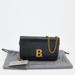 Pre Owned Balenciaga Black Lizard Embossed Leather B. Logo Wallet On Chain