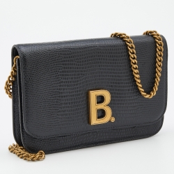 Pre Owned Balenciaga Black Lizard Embossed Leather B. Logo Wallet On Chain