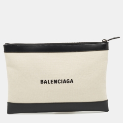 Pre Owned Balenciaga Black/Cream Canvas and Leather Clip M Clutch