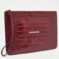 مملوكة مسبقًا Balenciaga Red Croc Embossed Leather Flat Zip Pouch