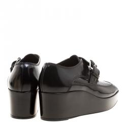 Pre Owned Balenciaga Black Patent Leather Monk Strap Platform Loafers Size 37