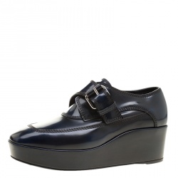 Pre Owned Balenciaga Oxford Blue Leather Monk Strap Platform Loafers Size 36