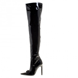 مملوكة مسبقًا Balenciaga Black Patent Leather Bow Detail Over The Knee Boots Size 37