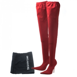 Pre Owned Balenciaga Red Stretch Fabric Knife Pointed Toe Thigh High Boots Size 40