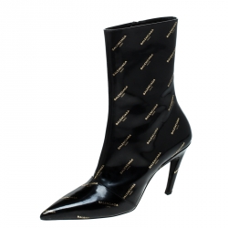 krise typisk kløft Balenciaga Black Patent Leather All Over Logo Slash Heel Ankle Boots Size  40 Balenciaga | TLC