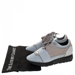 Pre Owned Balenciaga Grey Mesh, Leather And Patent Leather Race Runner Sneakers Size 36