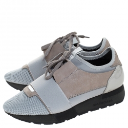 Pre Owned Balenciaga Grey Mesh, Leather And Patent Leather Race Runner Sneakers Size 36