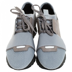 Pre Owned Balenciaga Grey Mesh, Leather And Patent Leather Race Runner Sneakers Size 36