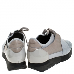 Pre Owned Balenciaga Grey Mesh, Leather And Patent Leather Race Runner Sneakers Size 36