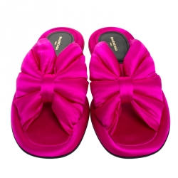 Pre Owned Balenciaga Fuchsia Satin Bow Slide Flat Size 37