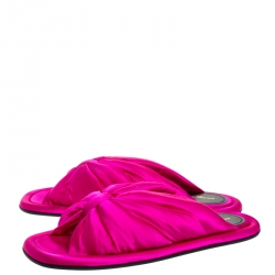 Pre Owned Balenciaga Fuchsia Satin Bow Slide Flat Size 37