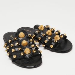Balenciaga Black Leather Arena Studded Flat Sandals Size 41