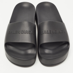 Balenciaga Black Rubber Logo Pool Slides Size 38