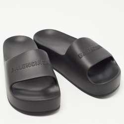 Balenciaga Black Rubber Logo Pool Slides Size 38