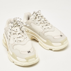 Balenciaga White/Grey Nubuck and Mesh Triple S Sneakers Size 38