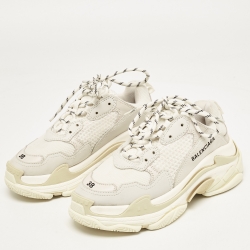 Balenciaga White/Grey Nubuck and Mesh Triple S Sneakers Size 38