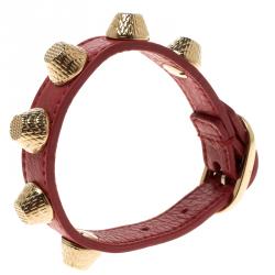 Pre Owned Balenciaga Arena Giant Red Leather Gold Tone Studded Bracelet M