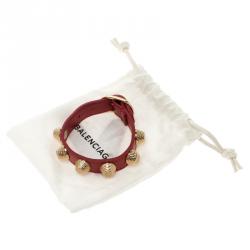 Pre Owned Balenciaga Arena Giant Red Leather Gold Tone Studded Bracelet M