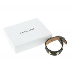 Pre Owned Balenciaga Gold Tone Studded Black Leather Bracelet M
