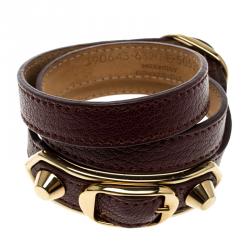Pre Owned Balenciaga Ligne Classic Burgundy Leather Gold Tone Wrap Bracelet