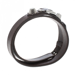 Pre Owned Balenciaga Arena Brown Leather Silver Tone Wrap Bracelet 