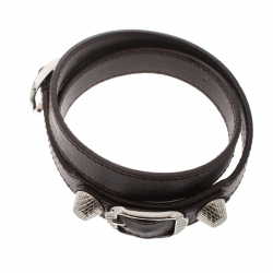 Pre Owned Balenciaga Arena Brown Leather Silver Tone Wrap Bracelet 