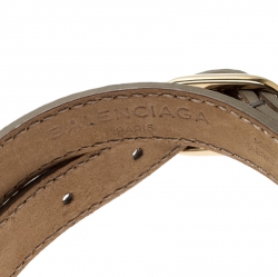 Pre Owned Balenciaga Grey Leather Metallic Edge Gold Tone Double Wrap Bracelet 