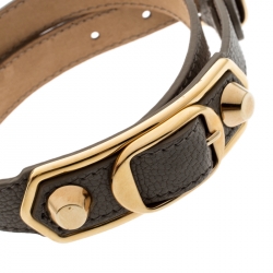 Pre Owned Balenciaga Grey Leather Metallic Edge Gold Tone Double Wrap Bracelet 