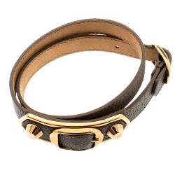 Pre Owned Balenciaga Grey Leather Metallic Edge Gold Tone Double Wrap Bracelet 