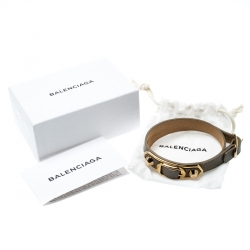 Pre Owned Balenciaga Grey Leather Metallic Edge Gold Tone Double Wrap Bracelet 