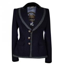 Balenciaga Navy Blue Pinstriped Wool Contrast Collar Tailored Blazer L