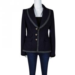 Balenciaga Navy Blue Pinstriped Wool Contrast Collar Tailored Blazer L