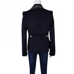 Balenciaga Navy Blue Pinstriped Wool Contrast Collar Tailored Blazer L