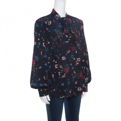 Pre Owned Balenciaga Navy Blue Floral Printed Silk Neck Tie Detail Long Sleeve Blouse M