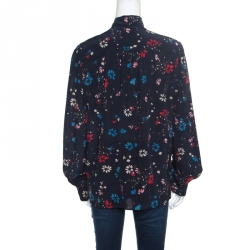 Pre Owned Balenciaga Navy Blue Floral Printed Silk Neck Tie Detail Long Sleeve Blouse M