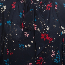 Pre Owned Balenciaga Navy Blue Floral Printed Silk Neck Tie Detail Long Sleeve Blouse M
