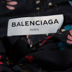 Pre Owned Balenciaga Navy Blue Floral Printed Silk Neck Tie Detail Long Sleeve Blouse M