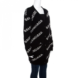 Pre Owned Balenciaga Monochrome Logo Jacquard Knit Long Archetype Cardigan M